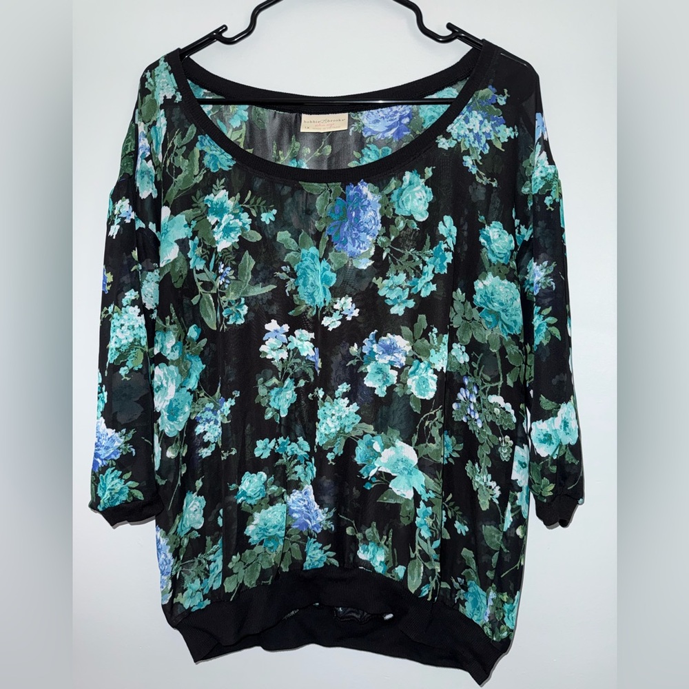 Bobbie Brooks Floral Sheer Blouse - Black and Teal